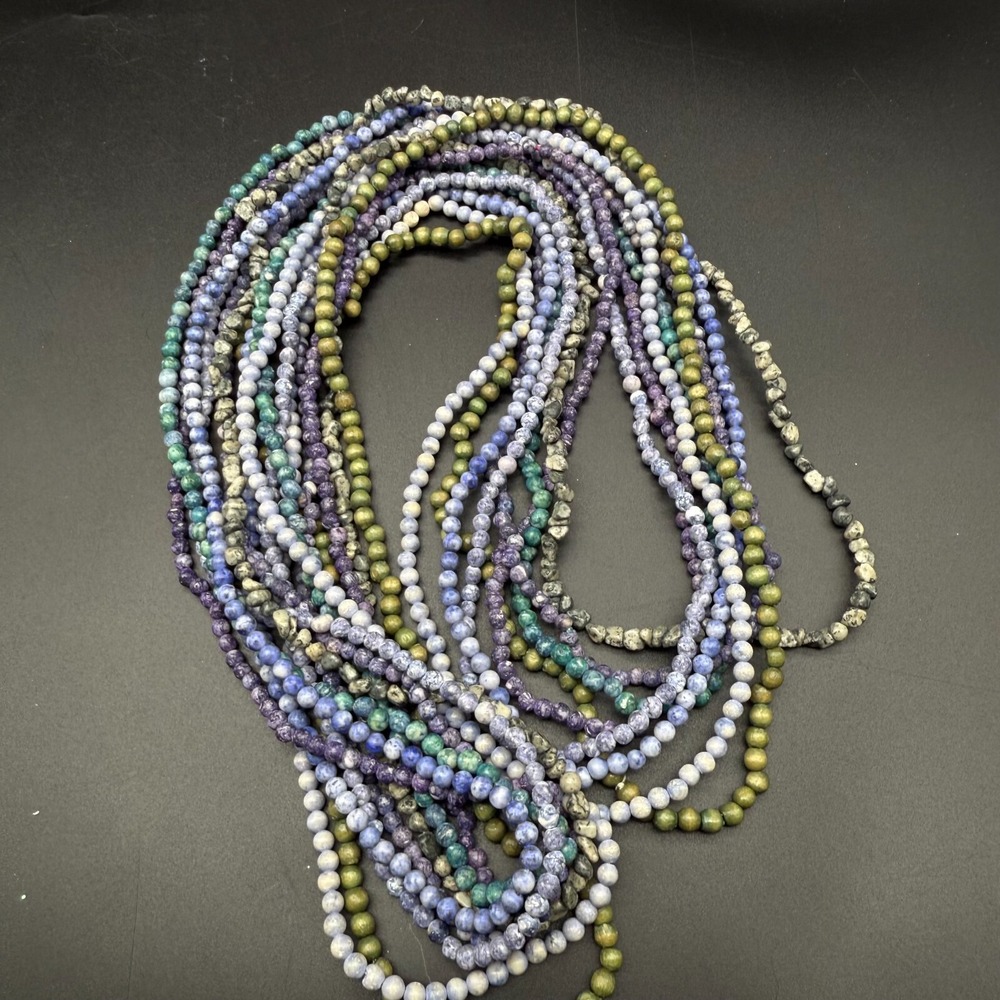 Multi-Strand Natural Stone Beaded Necklace 34" Mixed Colors Earthy Boho Chic